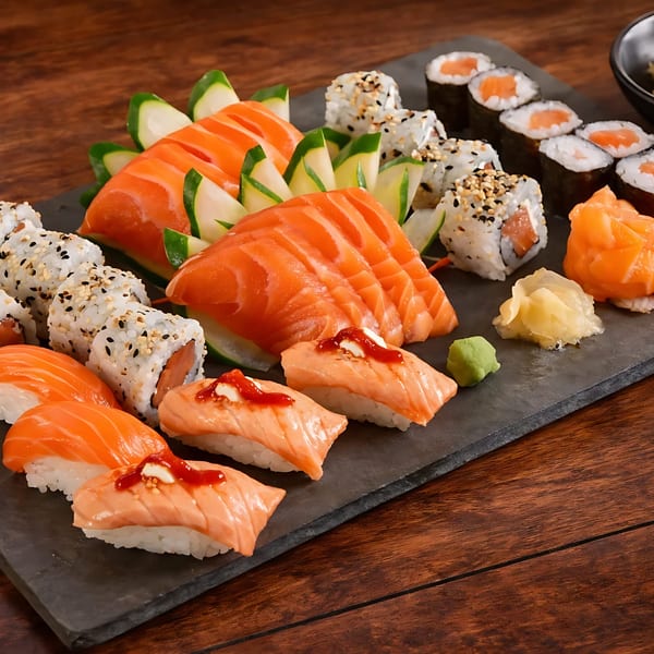 Assorted salmon sushi, sashimi, and maki rolls with ginger and wasabi on a dark slate board.