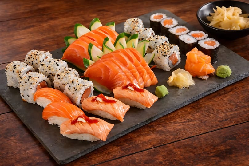 Assorted salmon sushi, sashimi, and maki rolls with ginger and wasabi on a dark slate board.