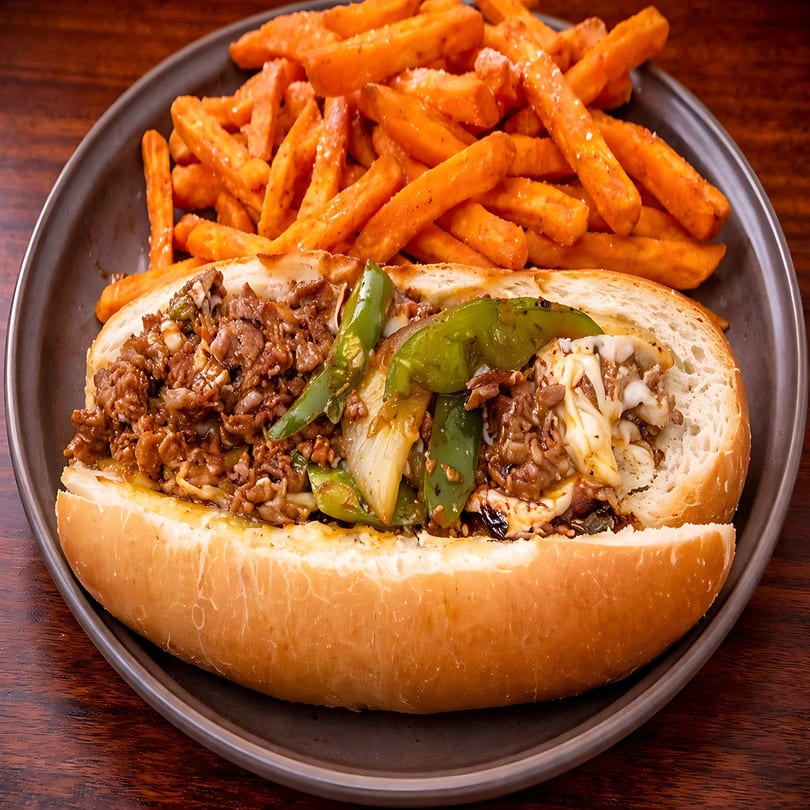 Cheesesteak sandwich with green peppers, onions, and melted cheese, served with a side of fries.