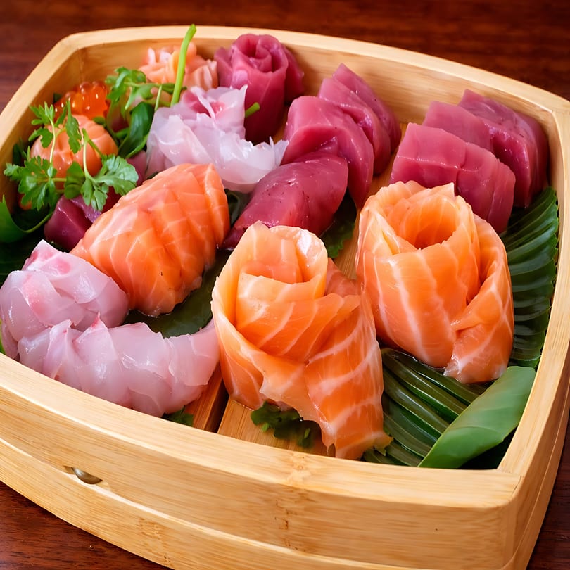 Assortment of fresh sashimi, including salmon and tuna, artfully arranged in a wooden boat.