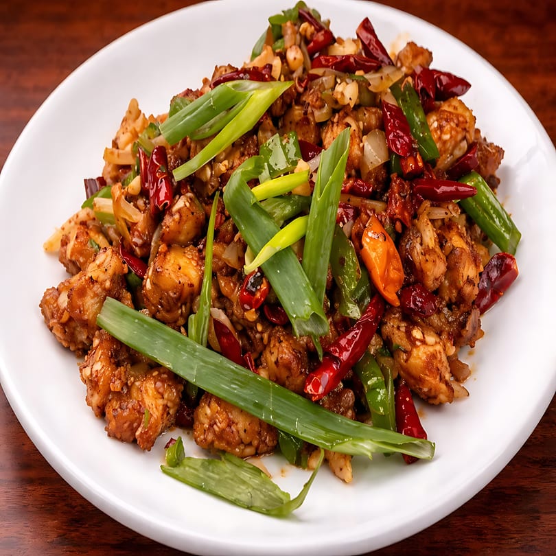 Spicy Kung Pao chicken with peanuts, red chili peppers, and green onions on a white plate.