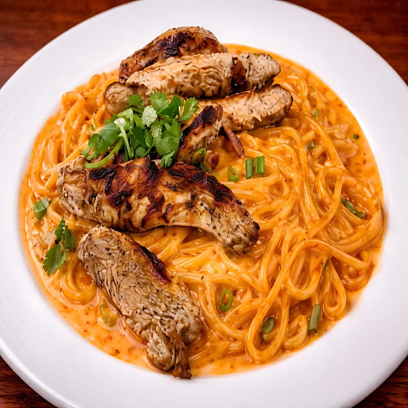 Grilled chicken strips over spaghetti in a creamy orange sauce, garnished with fresh cilantro and green onions.